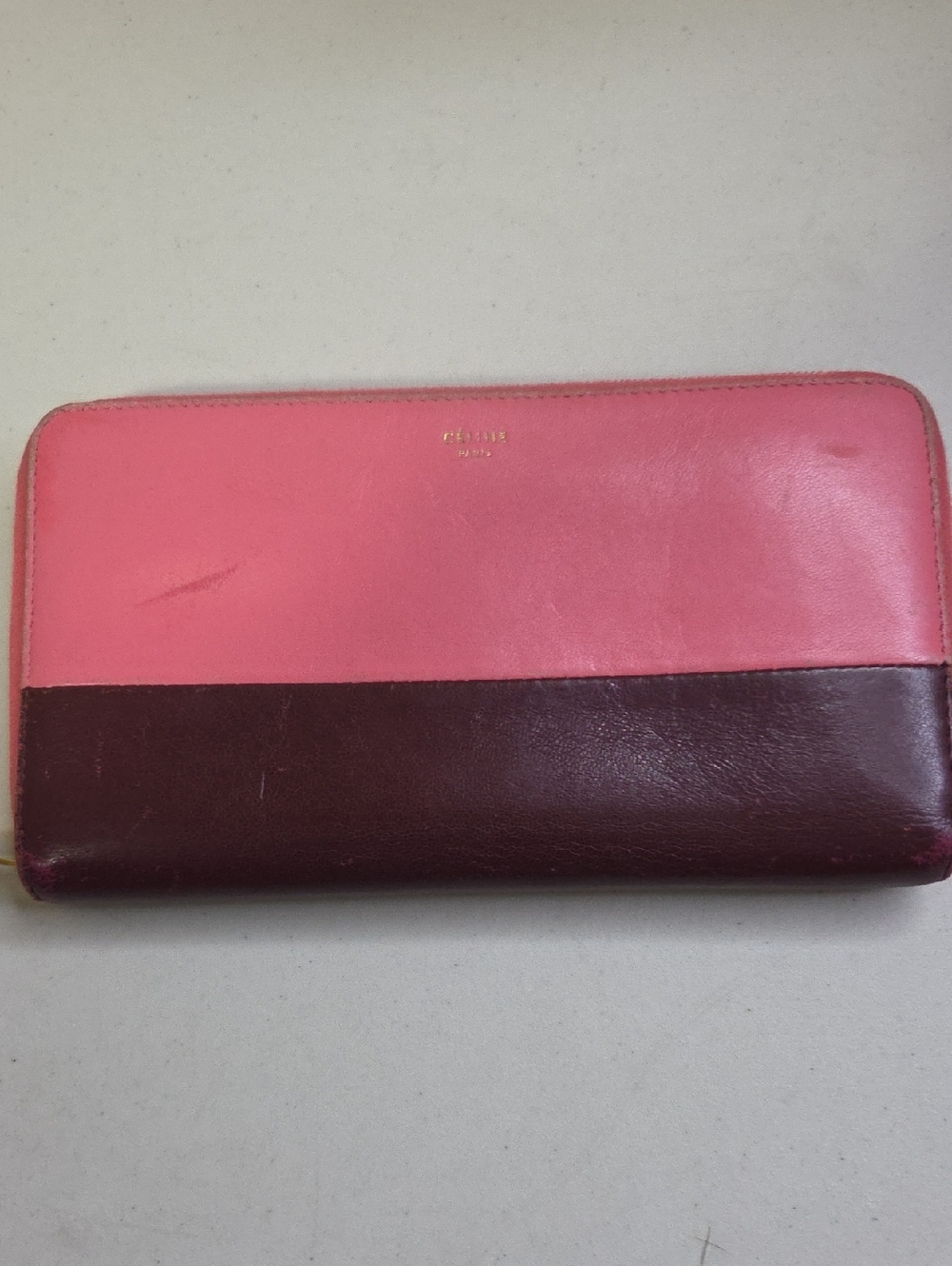 Celine Two-Tone Pink and Burgundy Leather Zip Wallet